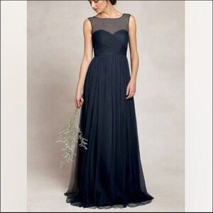 Jenny Yoo Collection Aria‎ Navy Blue Illusion Neckline Tulle Gown Women’s 14